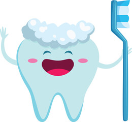 A cartoon toothbrush is holding a toothbrush in its mouth