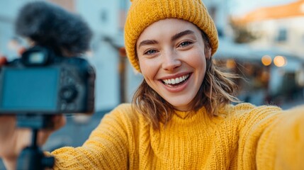 Vibrant young content creator captures joyful self-portrait with professional camera, radiating warmth and enthusiasm in cozy yellow ensemble against blurred urban backdrop