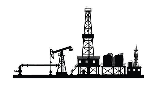 Oil rig and refinery complex against a white background silhouette