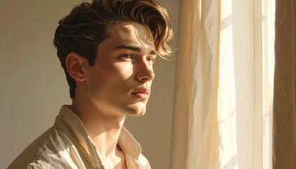 A soft portrait in warm window light with neutral tones, gentle expression and a calm intimate mood.
