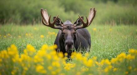 Majestic moose stands among vibrant wildflowers in serene meadow, a captivating wildlife moment perfect for nature lovers and outdoor enthusiasts