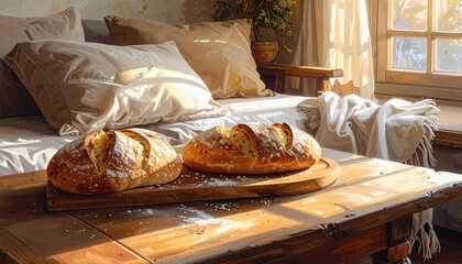 A slow-living breakfast with warm light, wooden table, fresh bread and soft textures creating a calm mood.
