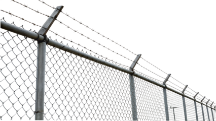 Chain link fence with barbed wire top cut out on PNG isolated. AI generated.