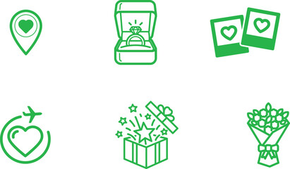 Romantic Icons Set for Love themed Designs featuring gifts flowers and travel locations perfect for wedding anniversaries or Valentines Day designs and celebrating relationships