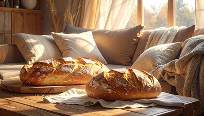 A slow-living breakfast with warm light, wooden table, fresh bread and soft textures creating a calm mood.
