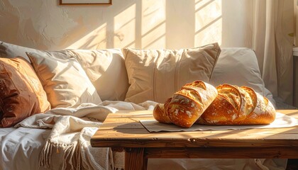 A slow-living breakfast with warm light, wooden table, fresh bread and soft textures creating a calm mood.

