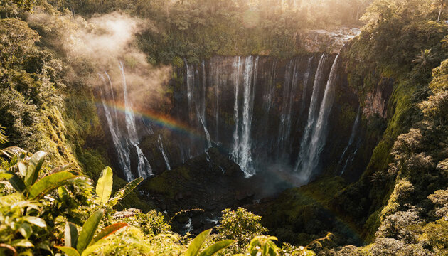 Stunning tumpak sewu waterfall with a vibrant rainbow in lush jungle