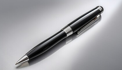 a sleek black pen with silver accents lies diagonally on a light grey background representing writing business or creativity