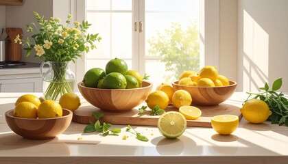 A fresh kitchen scene with wooden bowls, citrus fruits, warm daylight and a clean healthy-living composition.
