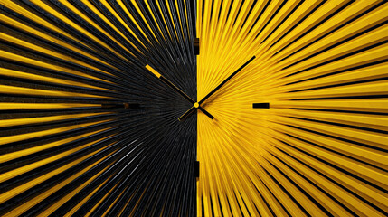 An abstract clock face, split in half with black and yellow radial lines, showcasing time's duality and aesthetic appeal