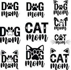 Dog Cat Mom Graphic Illustration Design Concept Paw Heart Silhouette Animal Pet Lover Modern Creative Element Vector Pattern Bundle