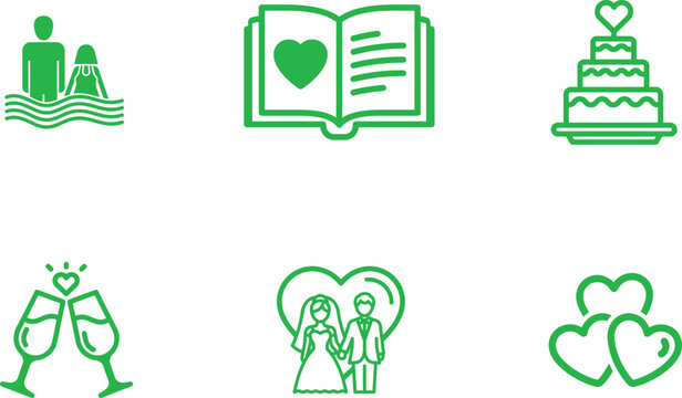 Set of Wedding Icons Representing Ceremony and Celebrations with Bride Groom Cake Champagne Hearts and Book of Vows in Green