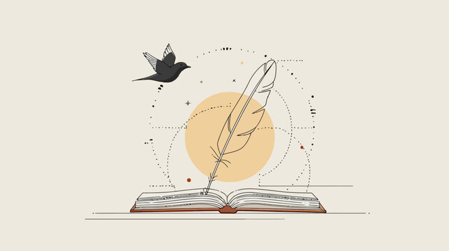Inspiring creative writing concept with open book, antique quill pen, flying bird, and abstract geometric elements illustration.