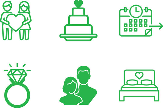 Wedding preparation vector icons set with love celebration cake schedule ring and couple isolated on white background for graphic design and web elements concept