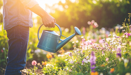 春の陽ざしの中で花壇に水をやる手元を捉えたガーデニングシーン。自然光が美しく差し込み、植物の成長や癒し、季節感を感じさせる温かく優しいイメージの生活写真素材