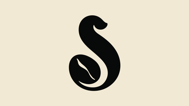 Modern black silhouette logo combining a stylized letter S with a coffee bean, on a minimalist beige background. Creative coffee shop emblem. - Powered by Adobe