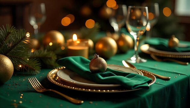 Elegant Christmas dinner table setting with gold ornaments, glowing candles, and emerald green decor creates a festive, warm atmosphere