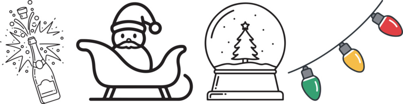 Festive Outline Illustrations: Champagne, Santa, Snow Globe, Christmas Lights