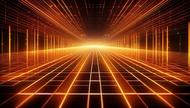 a minimalist 3d render of an orange and yellow glowing grid extending infinitely into a dark digital space capturing a classic retro futuristic aesthetic