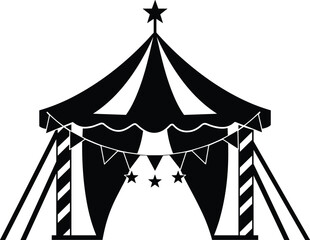Circus tent with star and bunting, vintage carnival pavilion illustration, festive entertainment design element, whimsical performance artwork, cad drawing flat vector illustration
