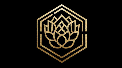 Elegant Golden Lotus Flower in Geometric Hexagon Frame on Black. Modern Luxury Vector Symbol for Spa, Wellness, Yoga, Beauty Branding.