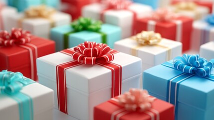 Obraz premium A row of colorful boxes with red bows on them. The boxes are of different sizes and colors, including white, blue, and red. Concept of joy and celebration
