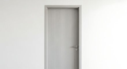 Naklejka premium A minimalist architectural detail of a closed light gray wooden door with a sleek metal handle, set against a stark white wall in a modern interior
