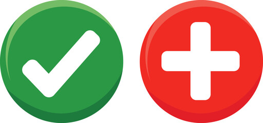 Fototapeta premium Green check mark and red plus sign icons on white background vector