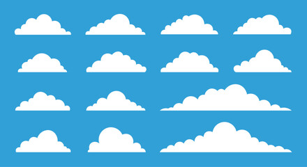 Collection of cartoon white clouds on a bright blue sky background nature