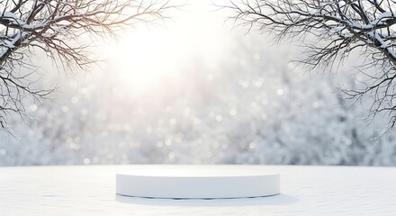 Winter wonderland product display platform with sparkling snow and bare trees for stunning seasonal promotions and holiday marketing campaigns