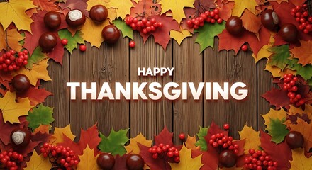 Happy Thanksgiving" greeting card or banner with vibrant autumnal leaves, red berries, and chestnuts arranged on a rustic wooden background, symbolizing gratitude and celebration of the harvest season