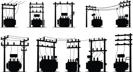 Set of electric transformer silhouettes on utility poles for power distribution grid vector illustration.