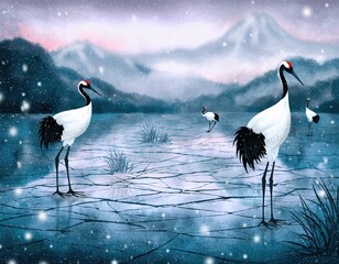 Obraz premium Elegant Cranes Standing on Frozen Lake in Winter Landscape Scene