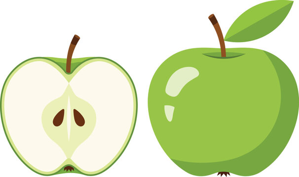Whole green apple and sliced apple showing seeds and stem whole apple fruit