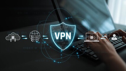 Fototapeta premium VPN security protects network access. VPN security encrypts data, hides identity, VPN security defends traffic, and VPN security secures connection from threats. Marrow