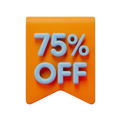 75 _ sale Off Banner 3d icon in cartoon plastic style minimal isolated on transparent white background, clipping path