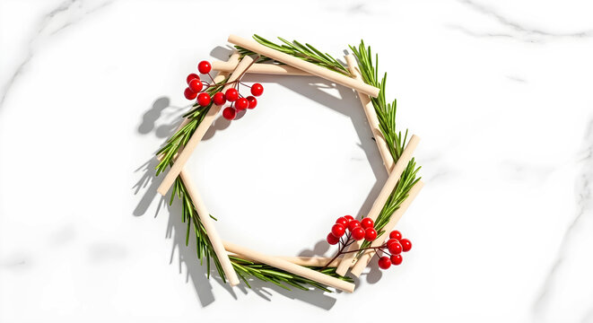 木とローズマリーで作る六角形の幾何学的なクリスマスリース　大理石背景とコピースペース