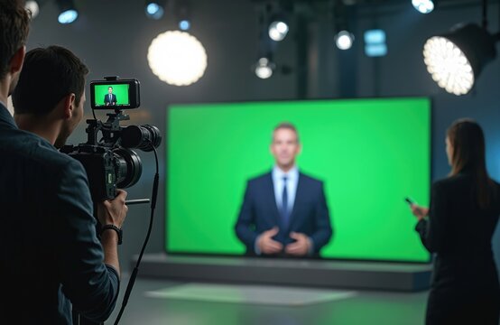 Cameraman films male presenter in pro studio. Man speaks in front of large green screen. Female crew member assists during video content production. Bright lights illuminate modern broadcast set.