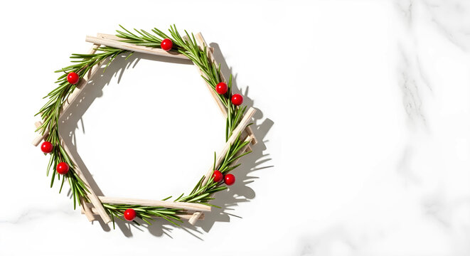 木とローズマリーで作る六角形の幾何学的なクリスマスリース　大理石背景とコピースペース