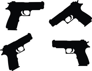 Black silhouette set of semi automatic pistols, vector gun collection, firearm icons isolated on white background, military police weapon design.