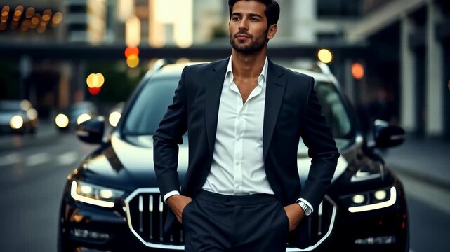A successful businessman in a black suit standing in front of a luxury car on a city street. Concept of wealth, entrepreneur executive lifestyle and VIP travel, 4K video footage.