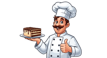Cheerful Baker Presenting Chocolate Cake Slice with Pride in Kitchen: Culinary Expertise, Restaurant Menu, Bakery Promotion, Food Service Excellence, Dessert Presentation, Happy Chef Showing Off Sweet