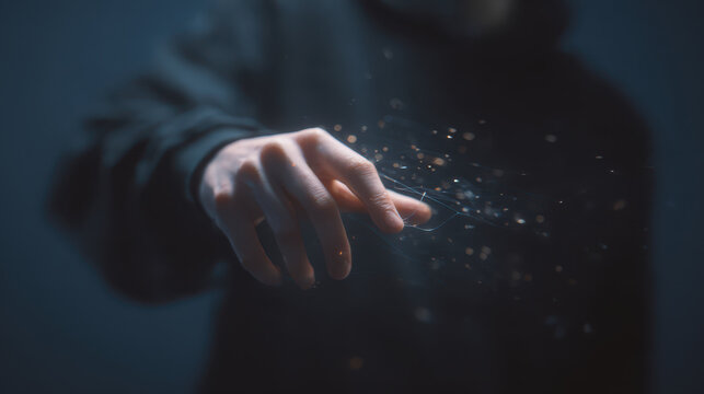Hand reaching toward floating light particles with ethereal spark and motion