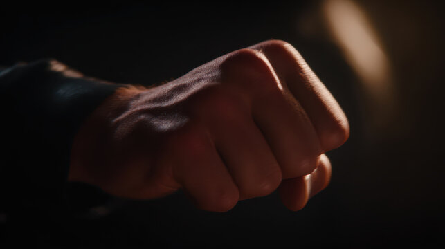 Clenched fist hand male hand skin knuckles low light dramatic lighting close up motion tension