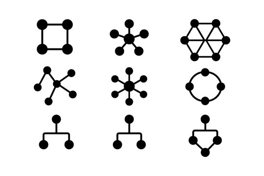 Collection of minimalist network and connection symbols for digital interfaces