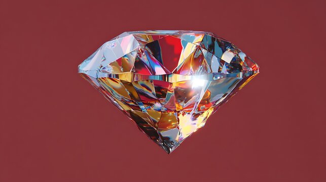 Abstract diamond gemstone reflecting vibrant colors and patterns against a deep red background