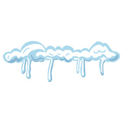 Single snow cap with long icicles in soft blue and white. Winter border element for roofs, frames, headers, Christmas scenes, web graphics, kids illustrations, and game UI.