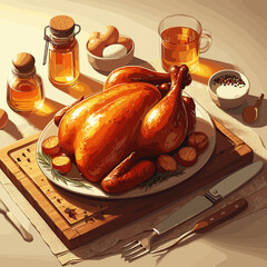 Roasted chicken on a wooden board with spices and drinks on the table