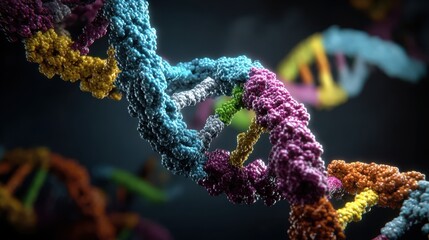 Abstract illustration of colorful DNA strands representing genetic structures, biotechnology, and molecular biology with a dark background