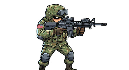 Obraz premium Cartoon Soldier Aiming Rifle in Combat Stance, Vigilant Military Personnel in Camouflage Uniform for Graphic Novels, Strategic Training Exercises, and Tactical Simulations in a War Zone Environment Po
